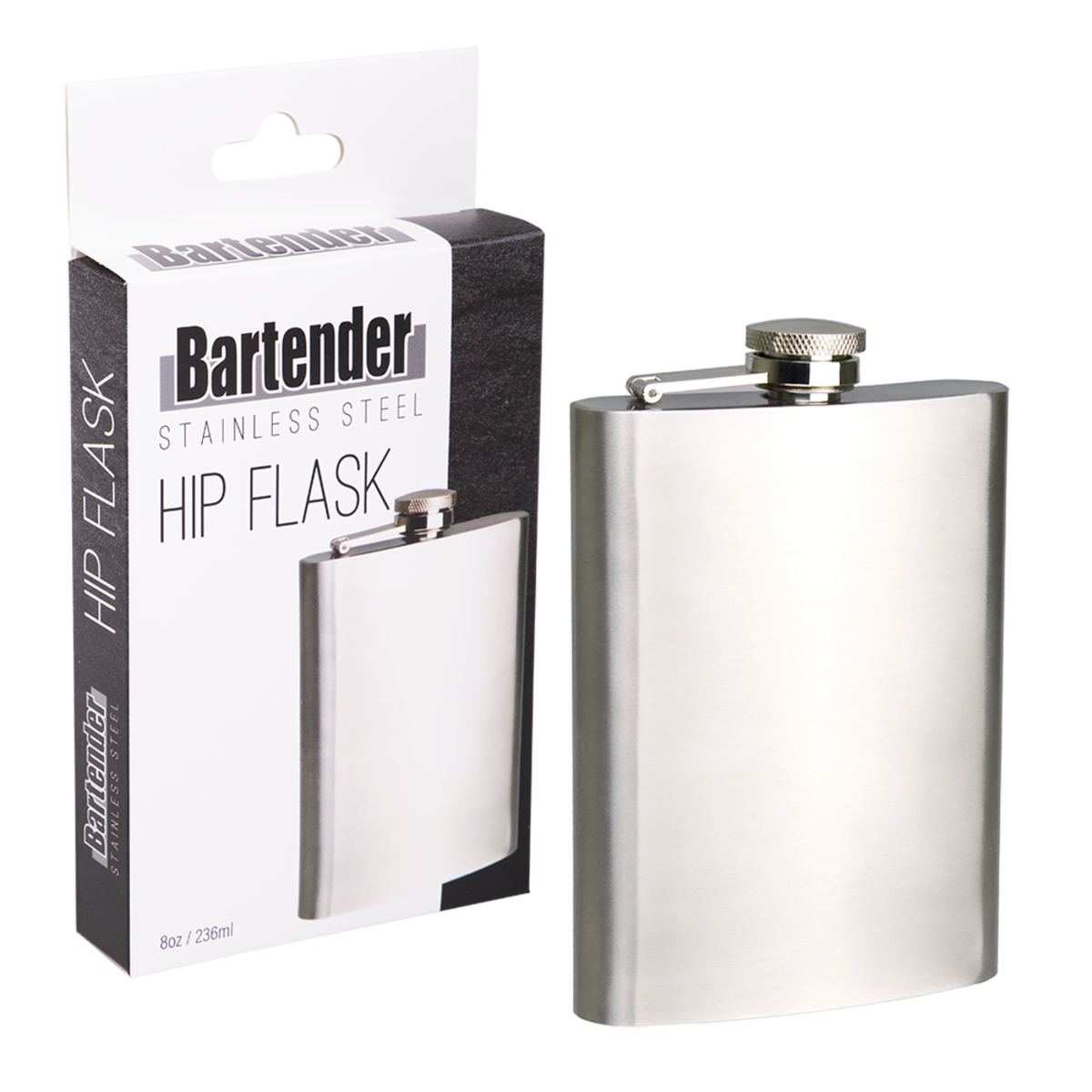 BARTENDER STAINLESS STEEL HIP FLASK 8OZ/236ML - SATIN