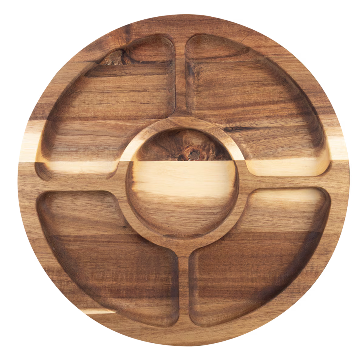 ALFRESCO LANE ACACIA WOOD 5 COMPARTMENT ROUND GRAZING PLATTER W/ LID
