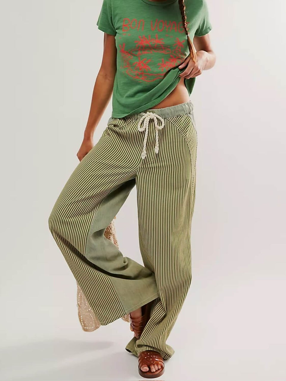WIDE LEG STRIPE PANT - GREEN/WHITE