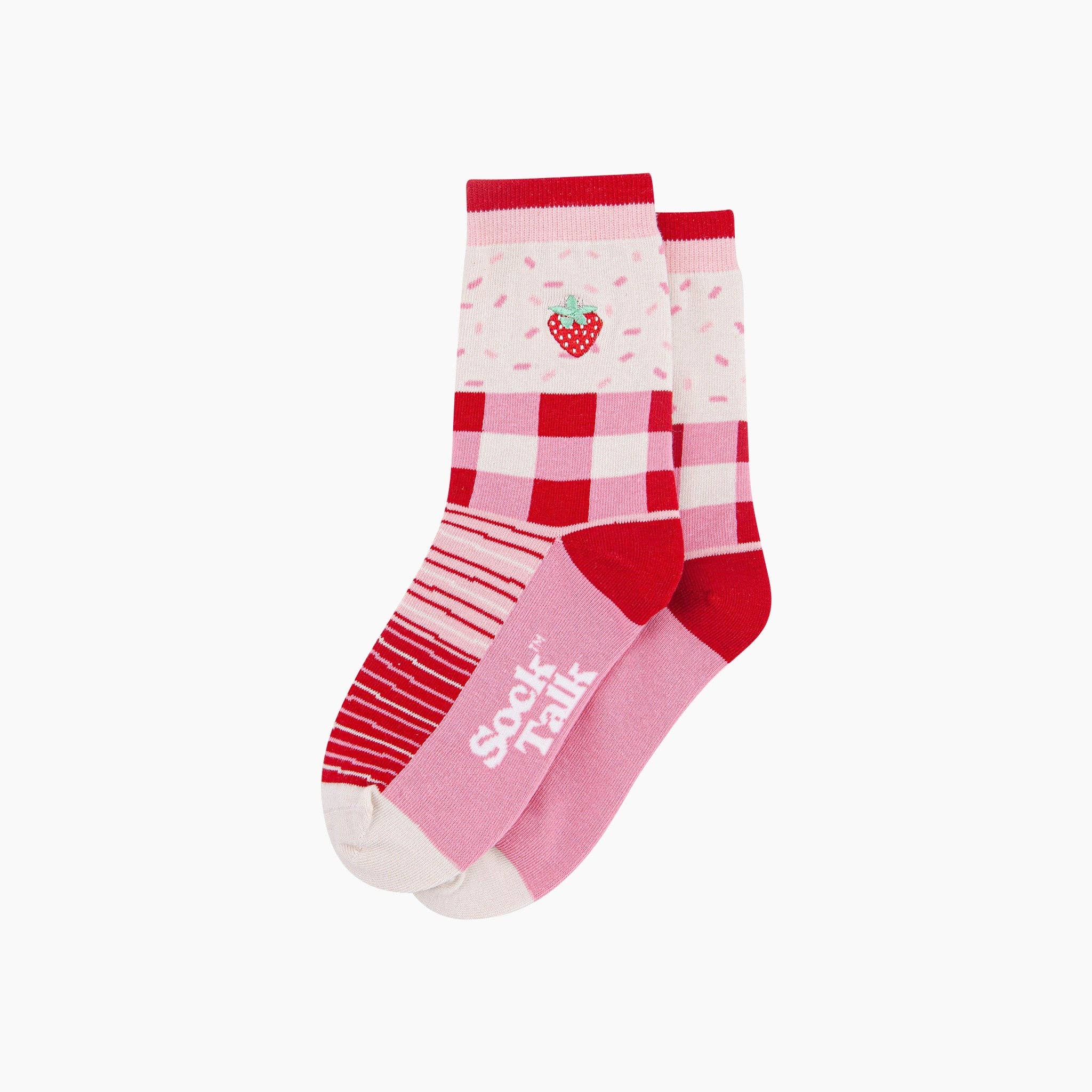 Sock Talk - Embroidered Strawberry Combed Cotton Socks in Pink
