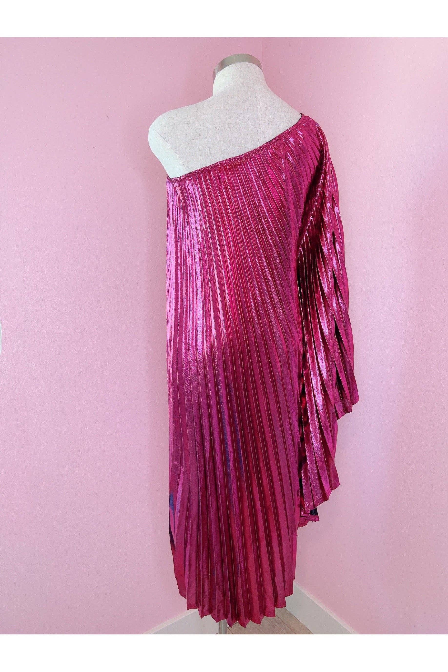 Audrey K Fashions - Pink Metallic Vibrant One Shoulder Designer Summer Dress