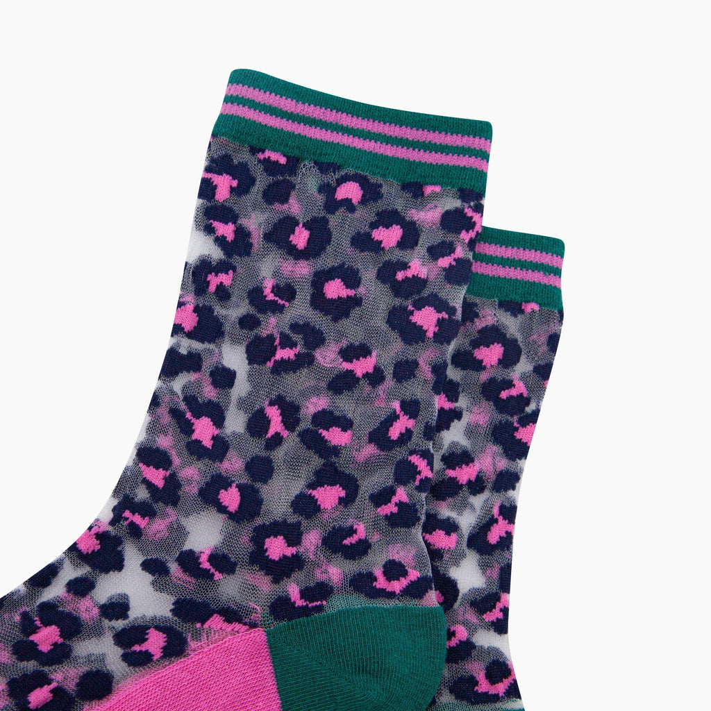 Sock Talk - Leopard Print Combed Cotton Sheer Pop Socks in Green/Pink