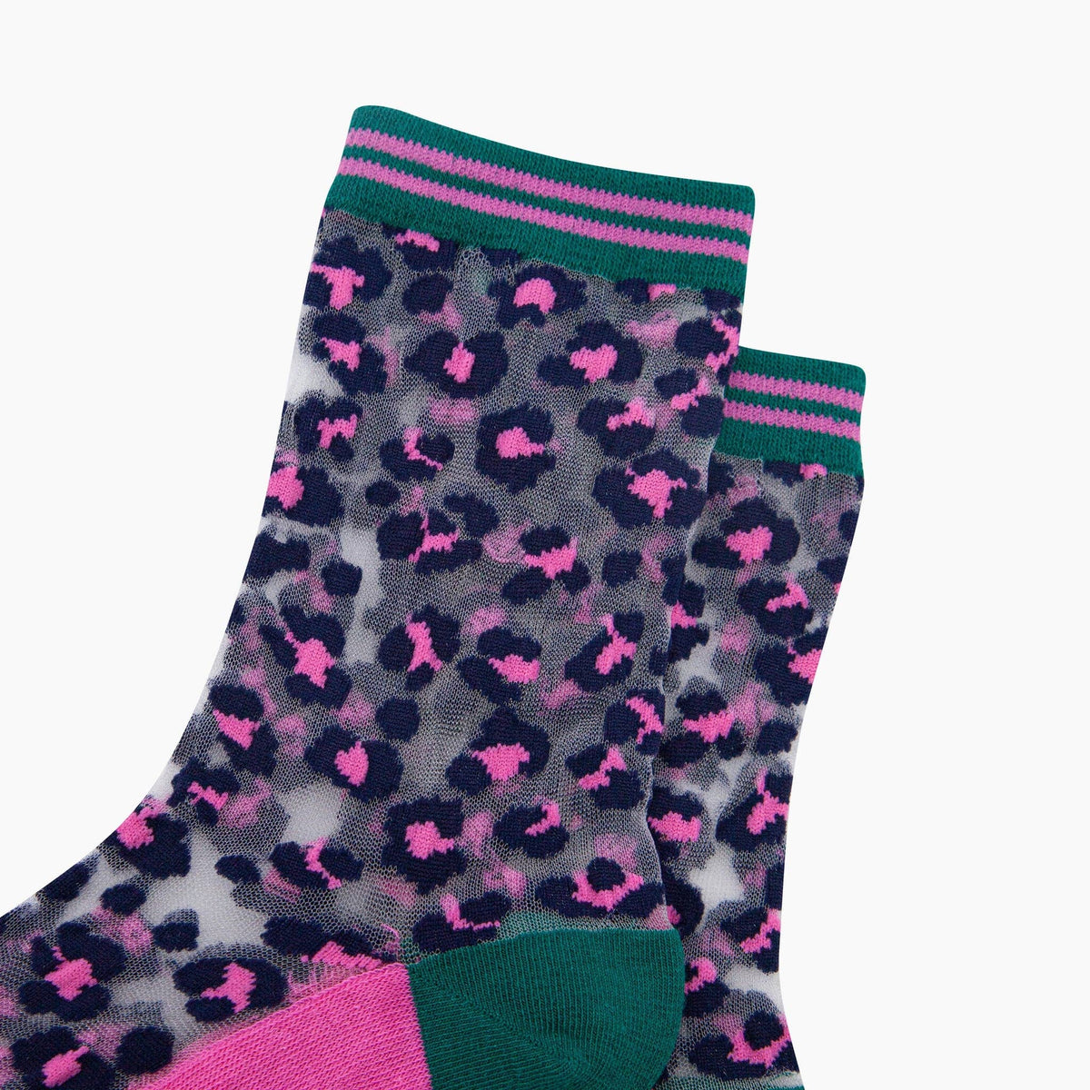 Sock Talk - Leopard Print Combed Cotton Sheer Pop Socks in Green/Pink