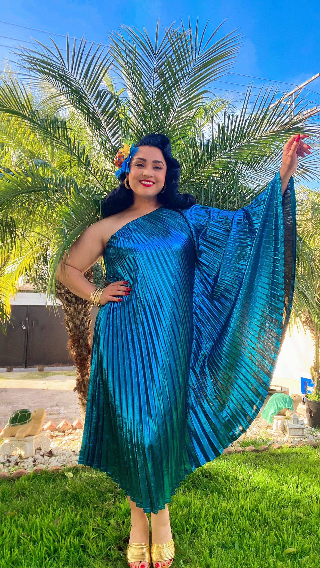 Audrey K Fashions - Blue Metallic Vibrant One Shoulder Designer Summer Dress
