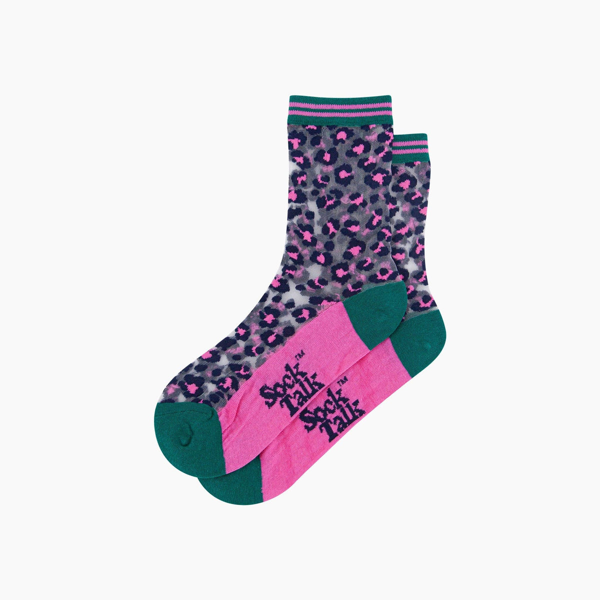 Sock Talk - Leopard Print Combed Cotton Sheer Pop Socks in Green/Pink
