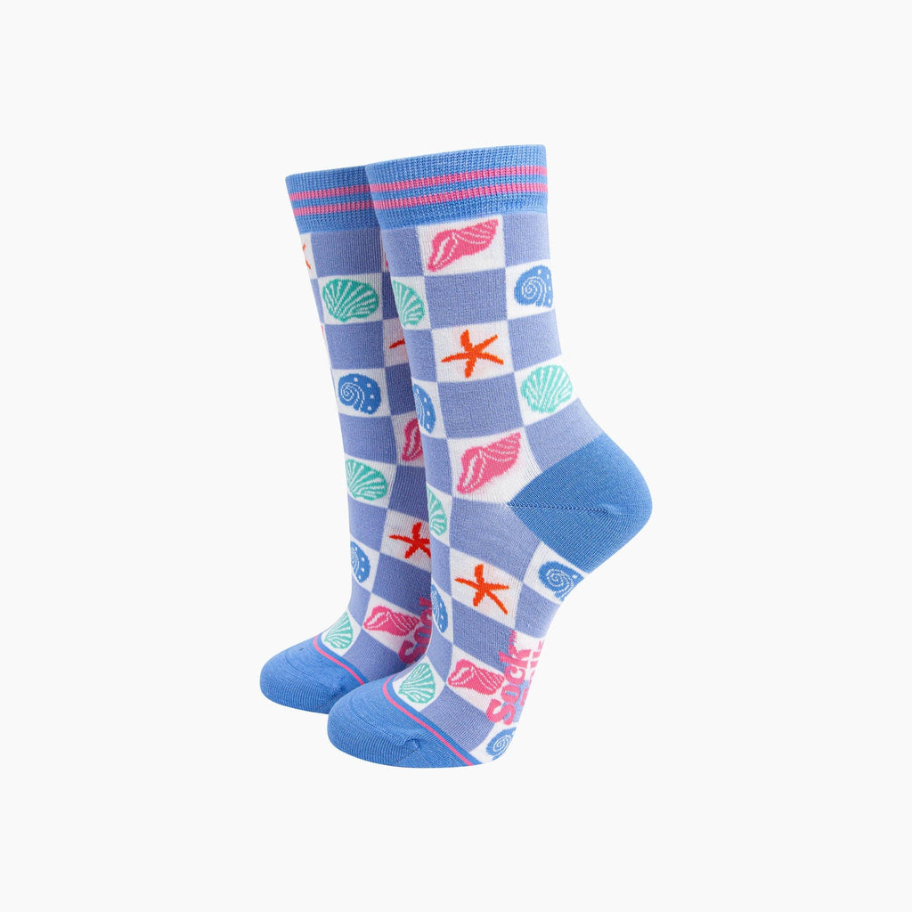 Sock Talk - Seashell Checkerboard Bamboo Socks in Blue