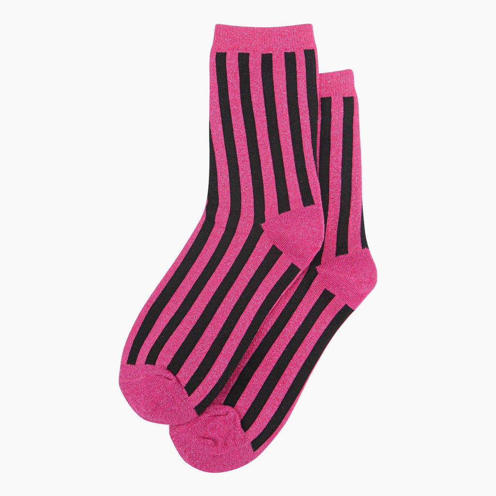 Sock Talk - Women's Glitter Socks - Hot Pink/Black, Stripes
