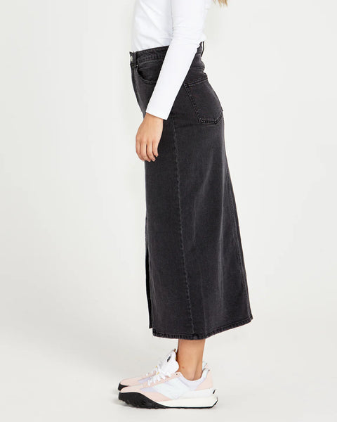 Emerald Front Split High Waist Denim Maxi Skirt - Wash Black