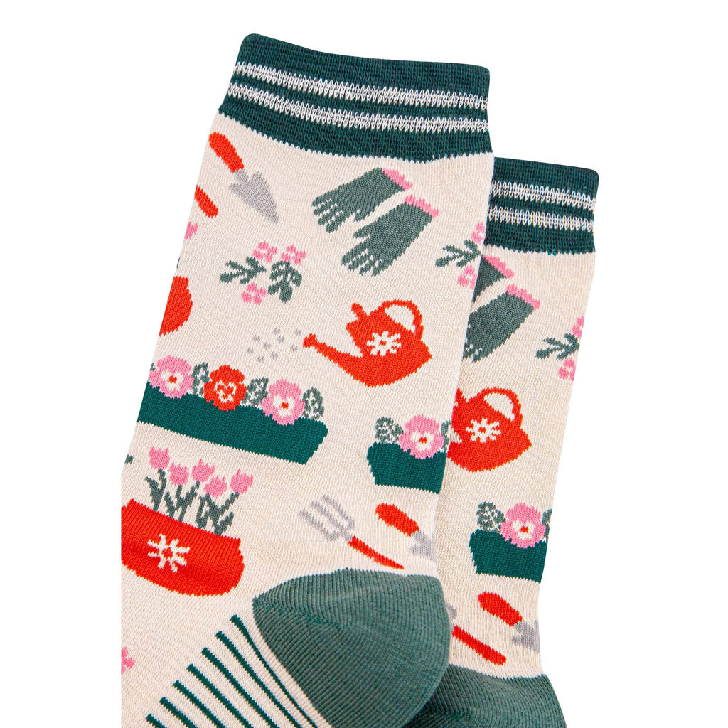 Sock Talk - Women's Bamboo Socks - Cream/Green, Gardening