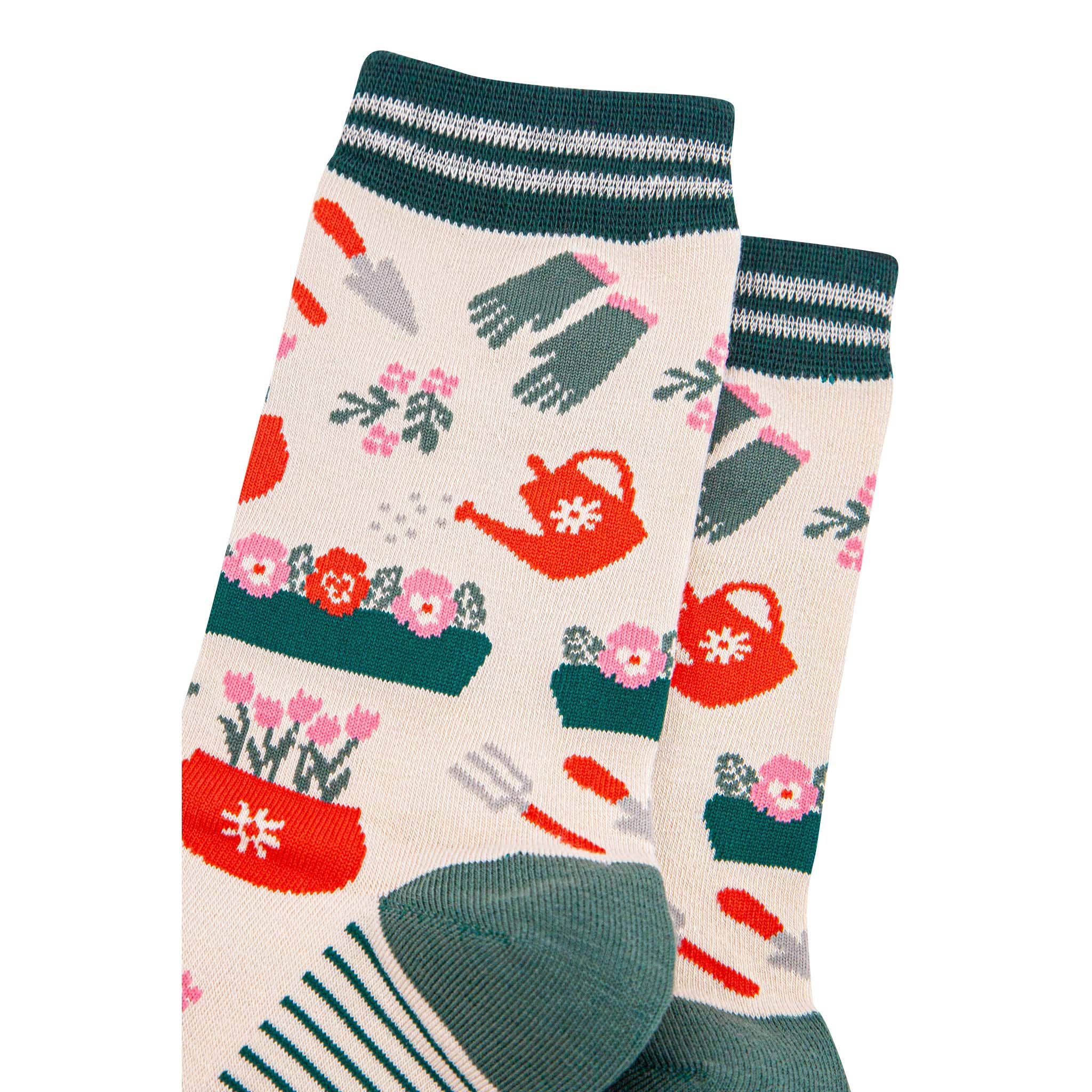 Sock Talk - Women's Bamboo Socks - Cream/Green, Gardening