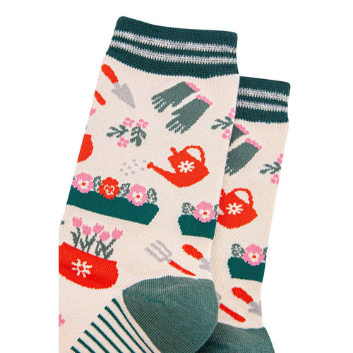 Sock Talk - Women's Bamboo Socks - Cream/Green, Gardening