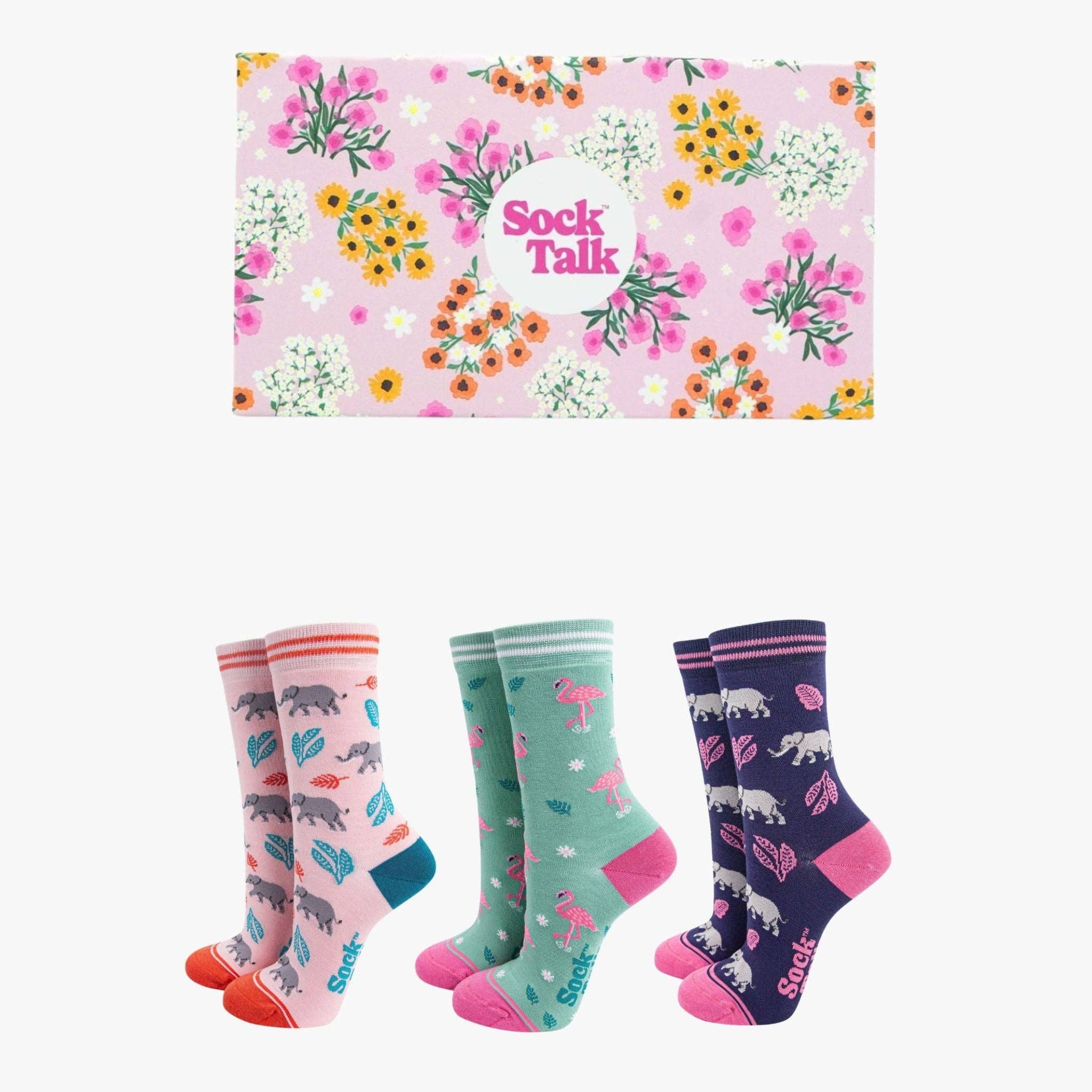 Sock Talk - Women's Bamboo Socks Gift Set - Elephants & Flamingos
