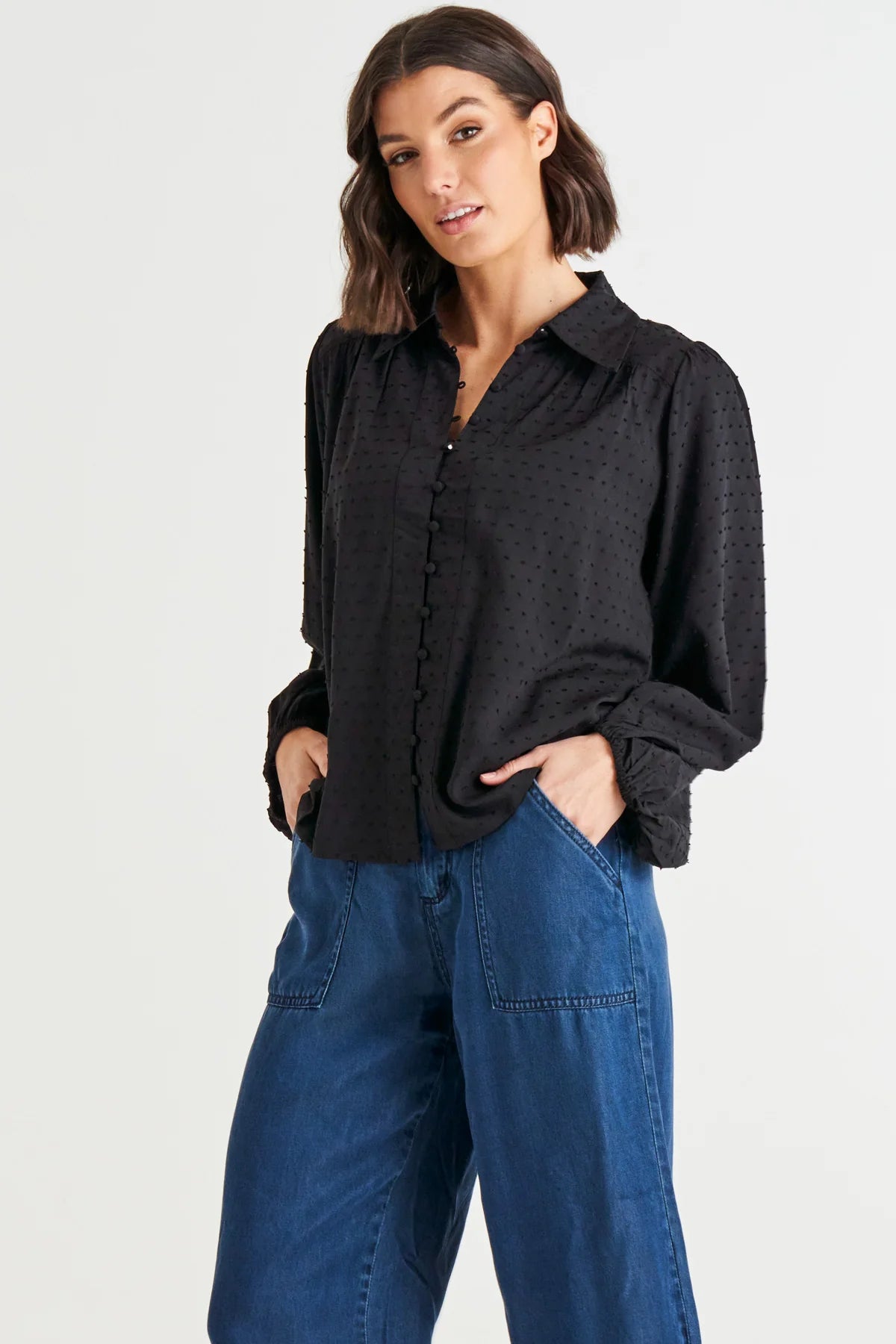 Sinead Cuff Sleeve Textured Shirt - Black - 0325-02
