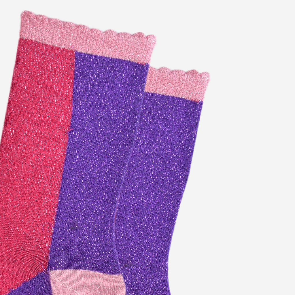 Sock Talk - Colour Block Cotton Glitter Socks in Pink/Purple