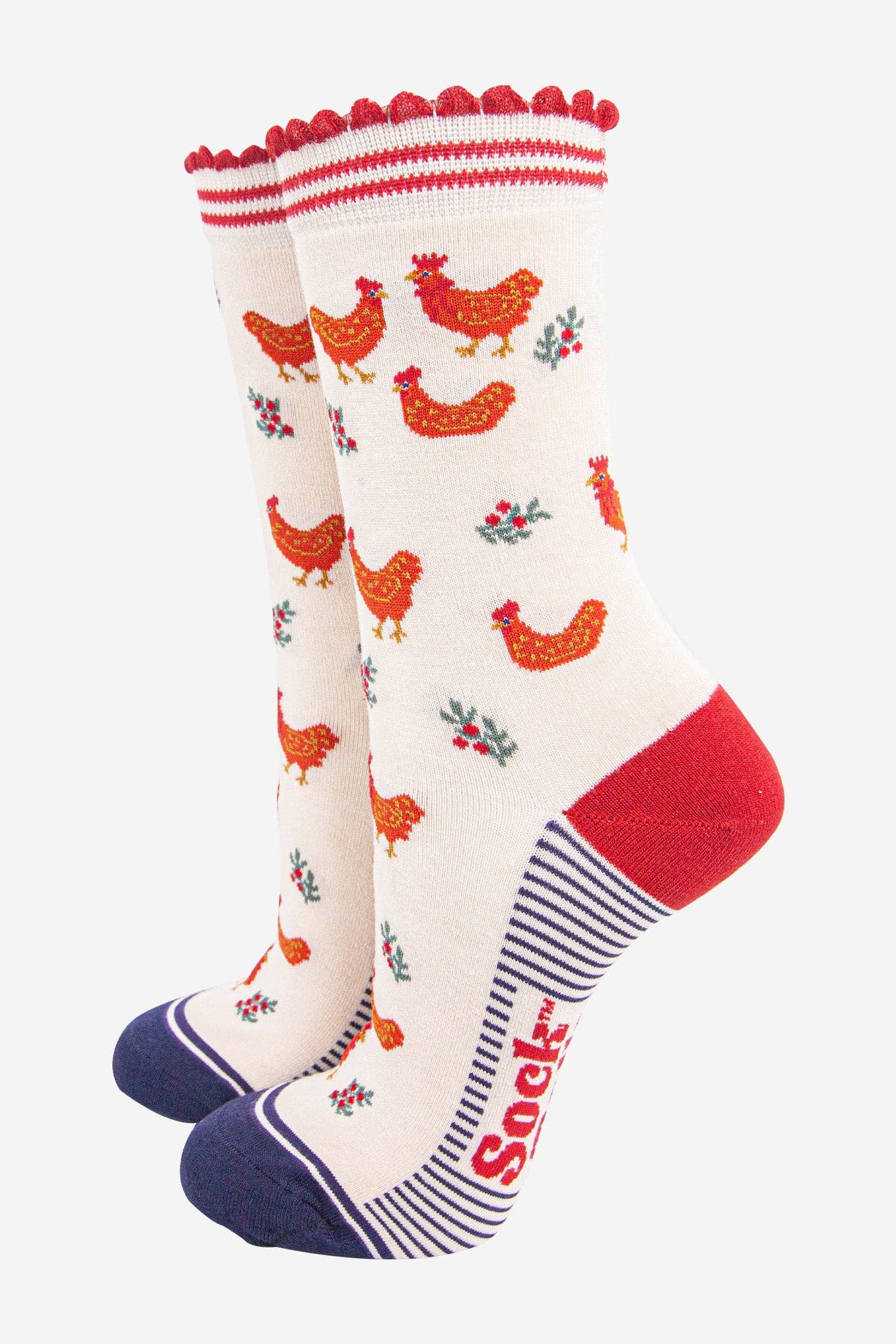 Sock Talk - Women's Bamboo Socks - Cream/Red, Hen