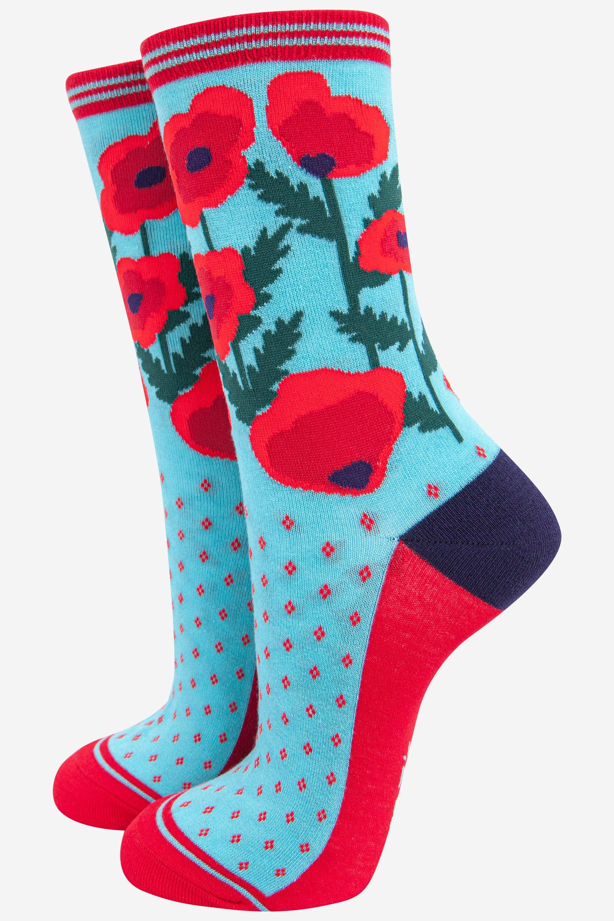 Sock Talk - Women's Bamboo Socks - Blue/Red, Poppy