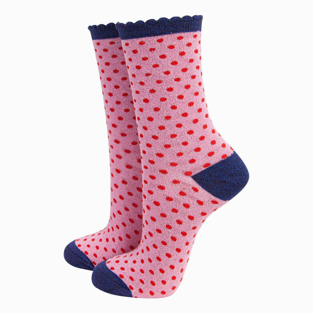 Sock Talk - Polka Dot Cotton Glitter Socks in Pink/Red