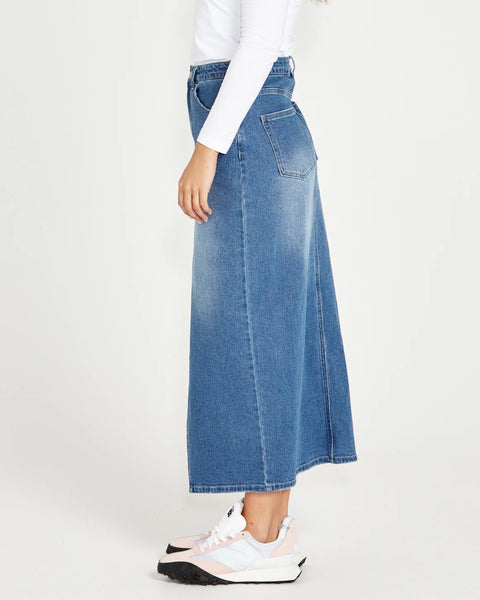 Emerald Front Split High Waist Denim Maxi Skirt - WASH DENIM