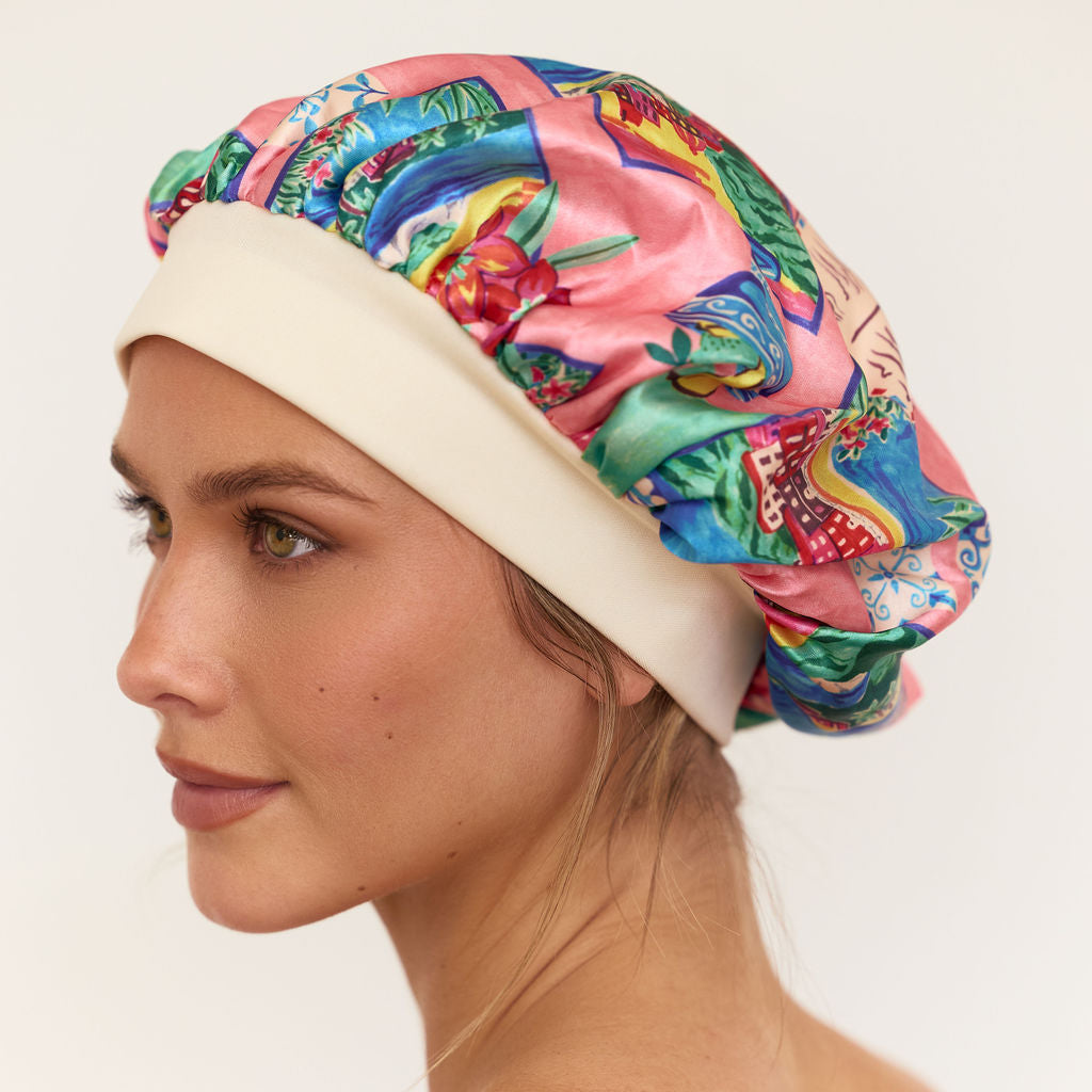 Satin Sleep Bonnet in Pink Postcards