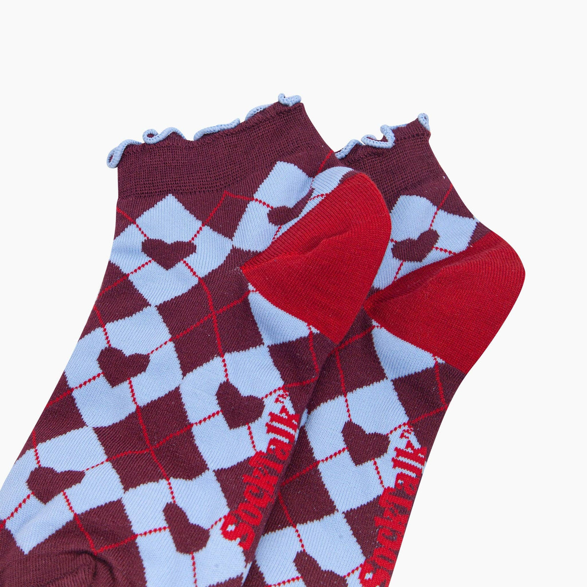 Sock Talk - Heart Argyle Women's Bamboo Trainer Socks in Burgundy/Blue
