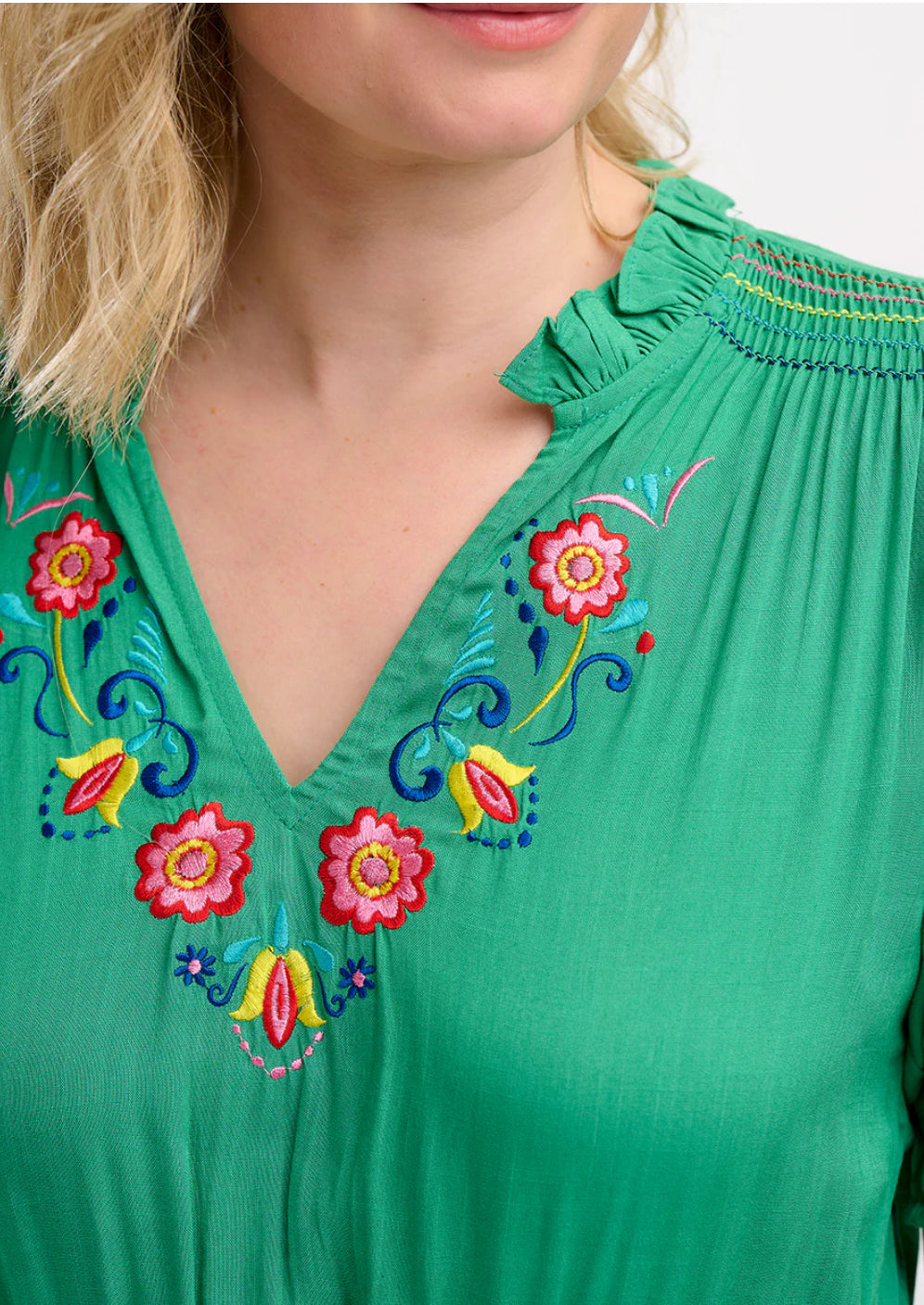 Carlota Midi Dress - Green, Folk Floral Embroidery