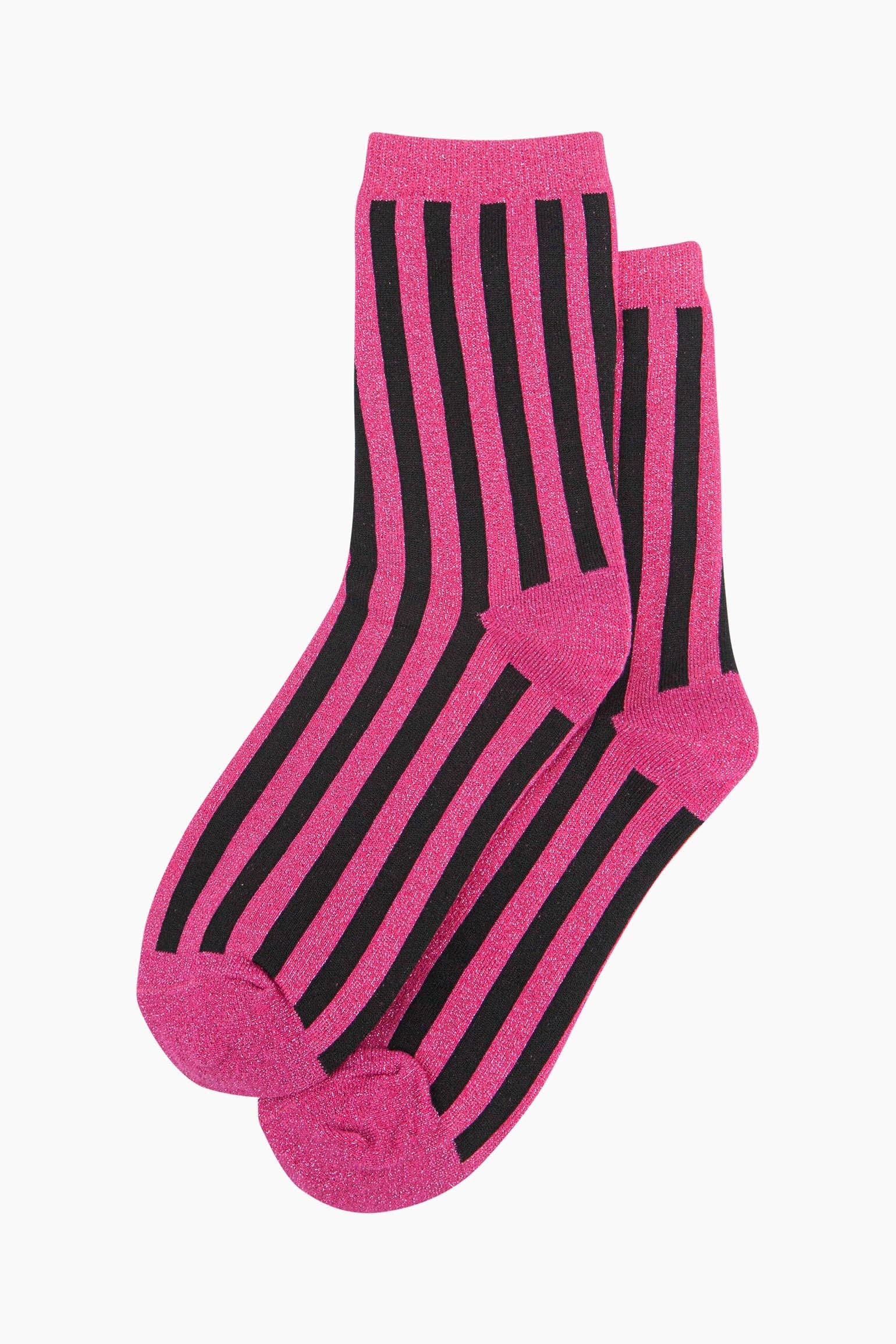 Sock Talk - Women's Glitter Socks - Hot Pink/Black, Stripes