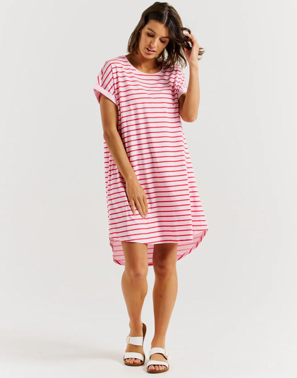 BETTY BASICS MAXINE T-SHIRT DRESS - CHERRY BLOSSOM STRIPE - 0325-01
