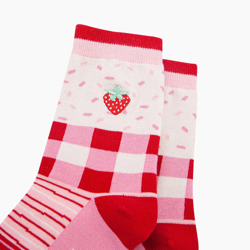 Sock Talk - Embroidered Strawberry Combed Cotton Socks in Pink