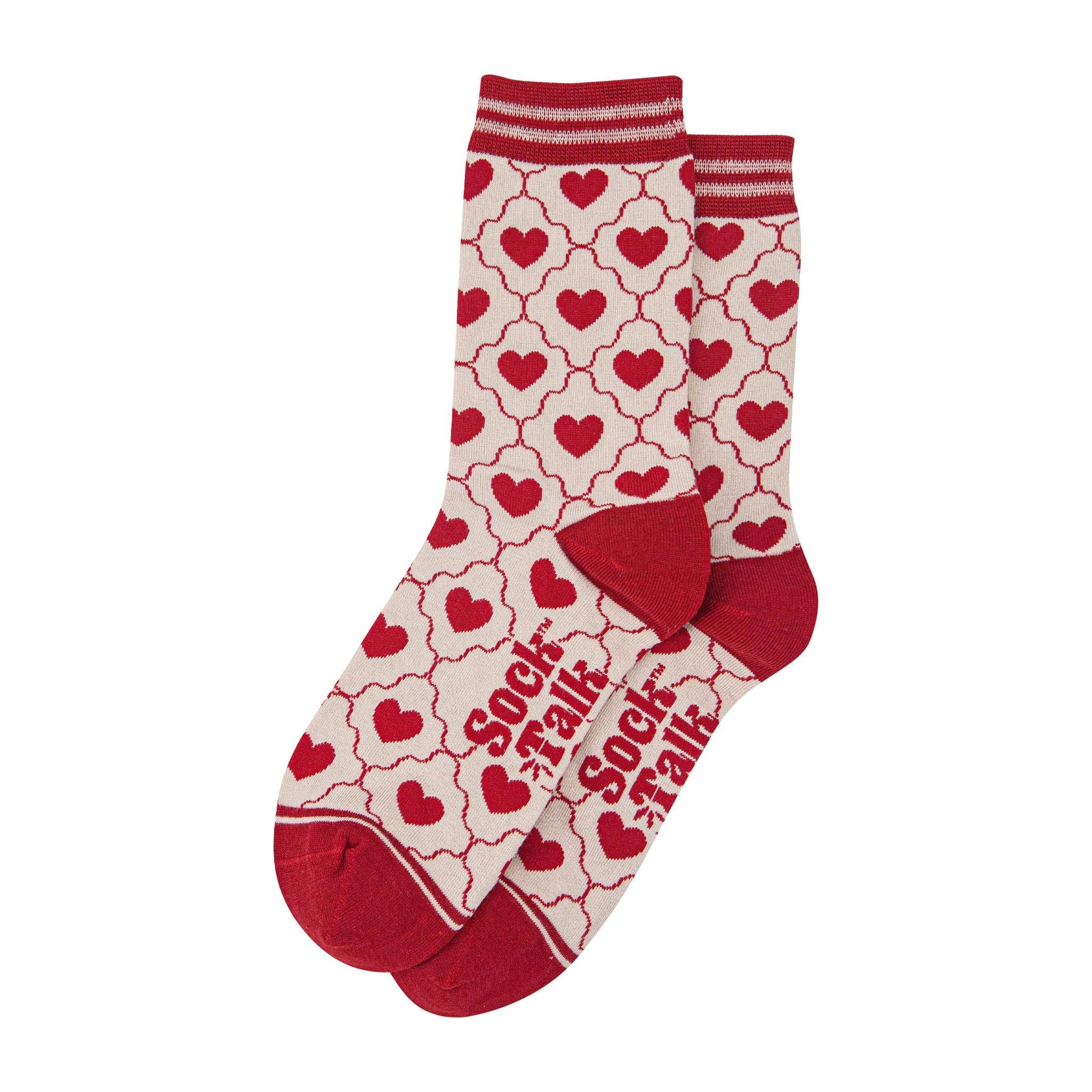 Sock Talk - Women's Bamboo Socks - Cream/Red, Heart Ribbon