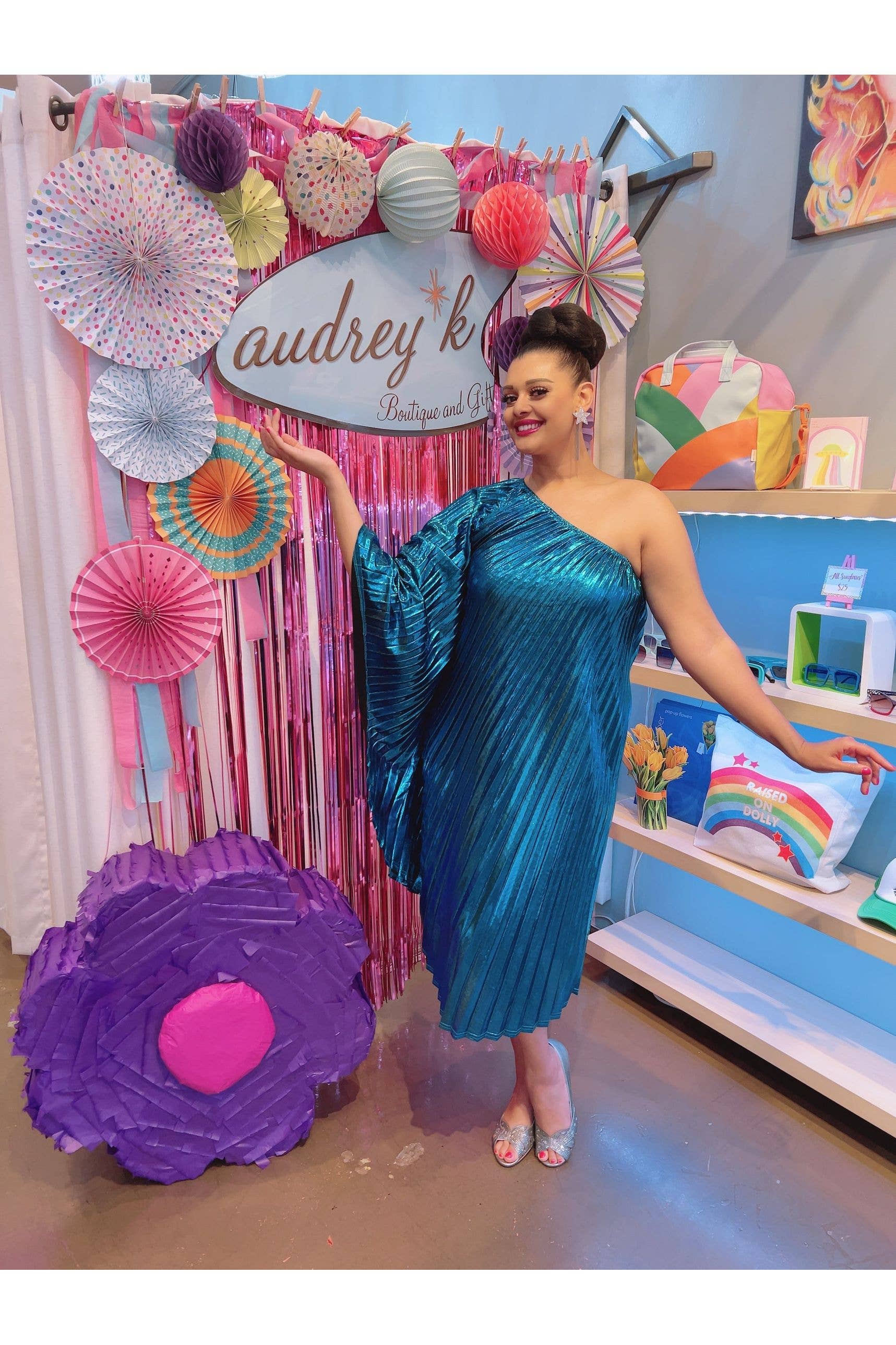 Audrey K Fashions - Blue Metallic Vibrant One Shoulder Designer Summer Dress