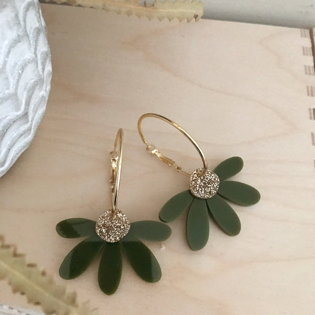 Foxie Collective - Jumbo Daisy Hoops | Olive + Gold Glitter