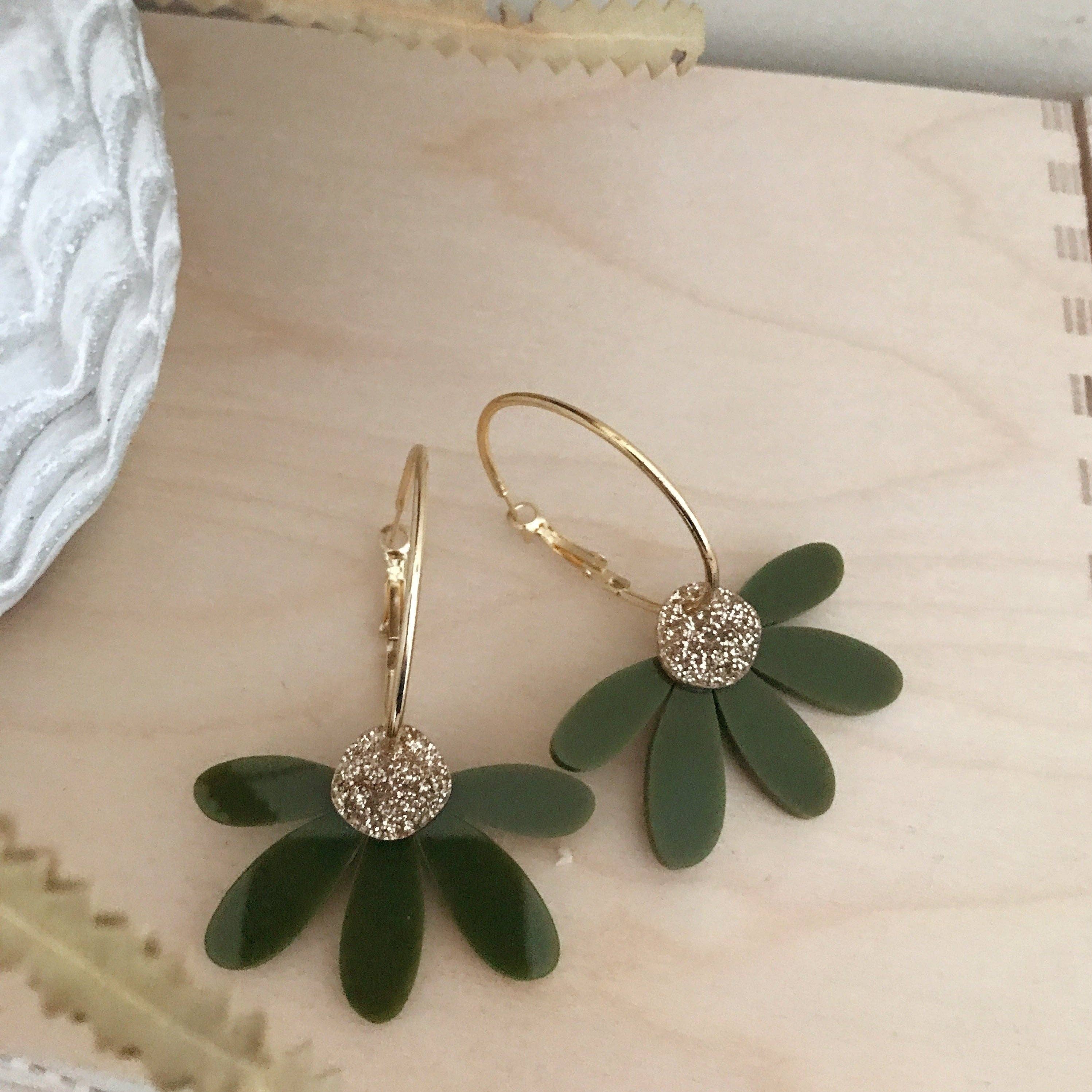 Foxie Collective - Jumbo Daisy Hoops | Olive + Gold Glitter