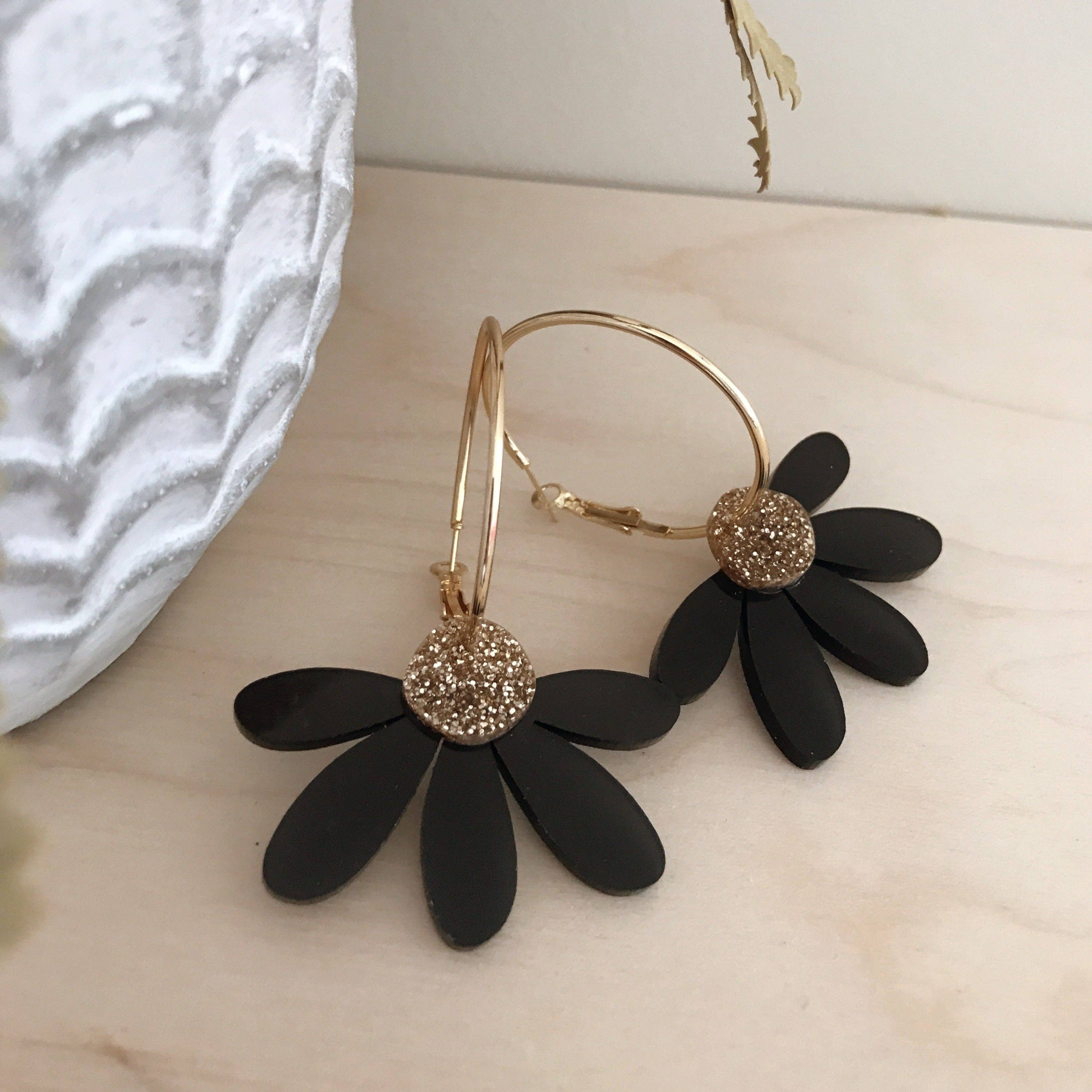 Foxie Collective - Jumbo Daisy Hoop Earrings | Black + Gold Glitter