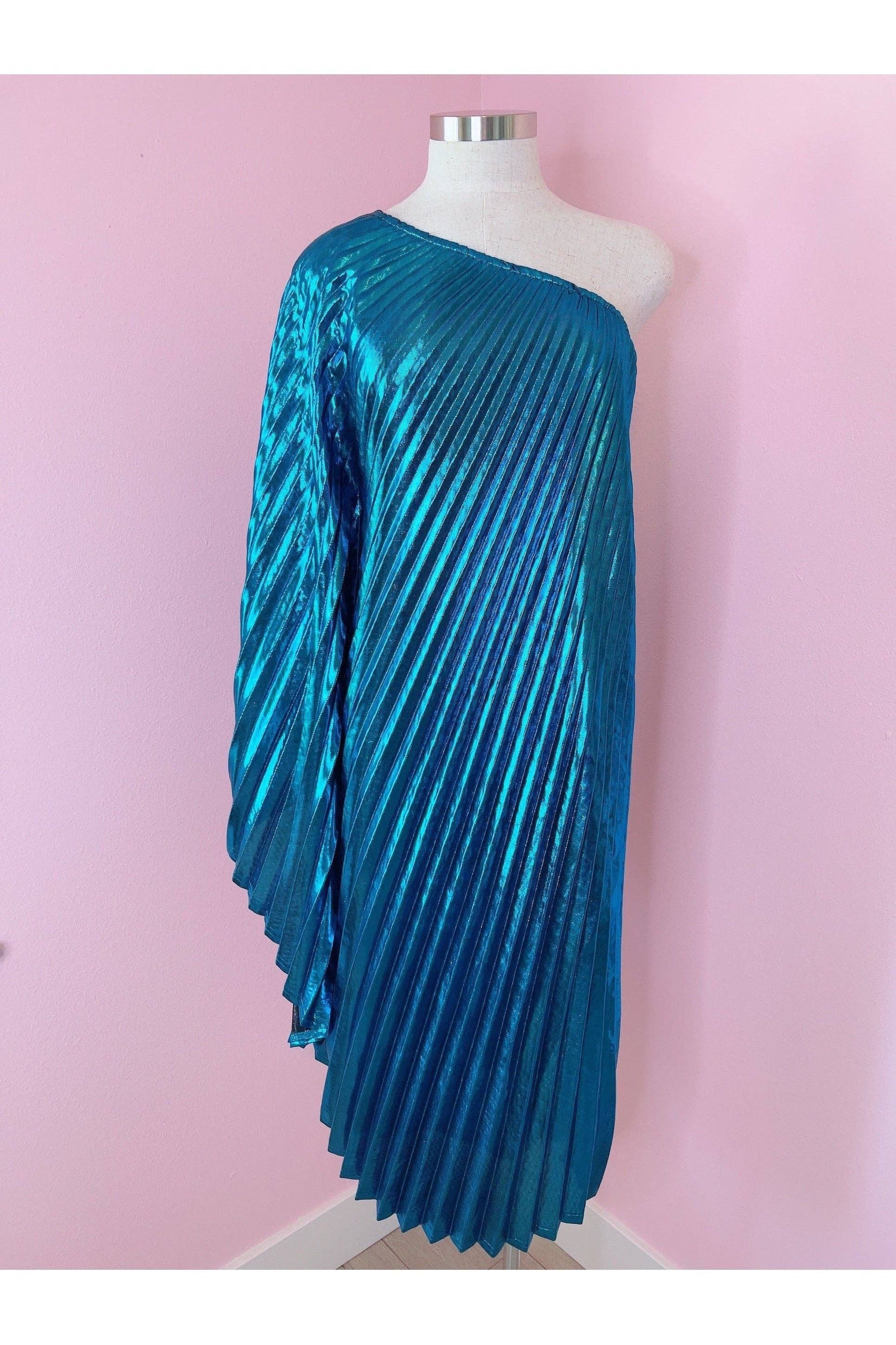 Audrey K Fashions - Blue Metallic Vibrant One Shoulder Designer Summer Dress
