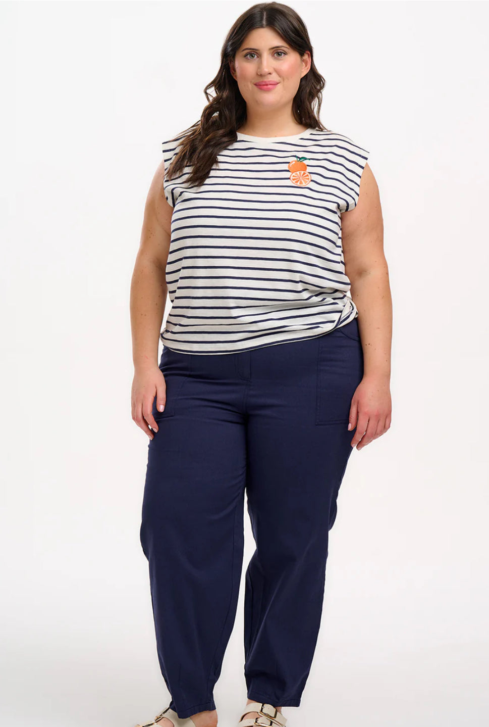 Chrissy Relaxed Tank T-Shirt - Off-White/Navy, Fruity Orange
