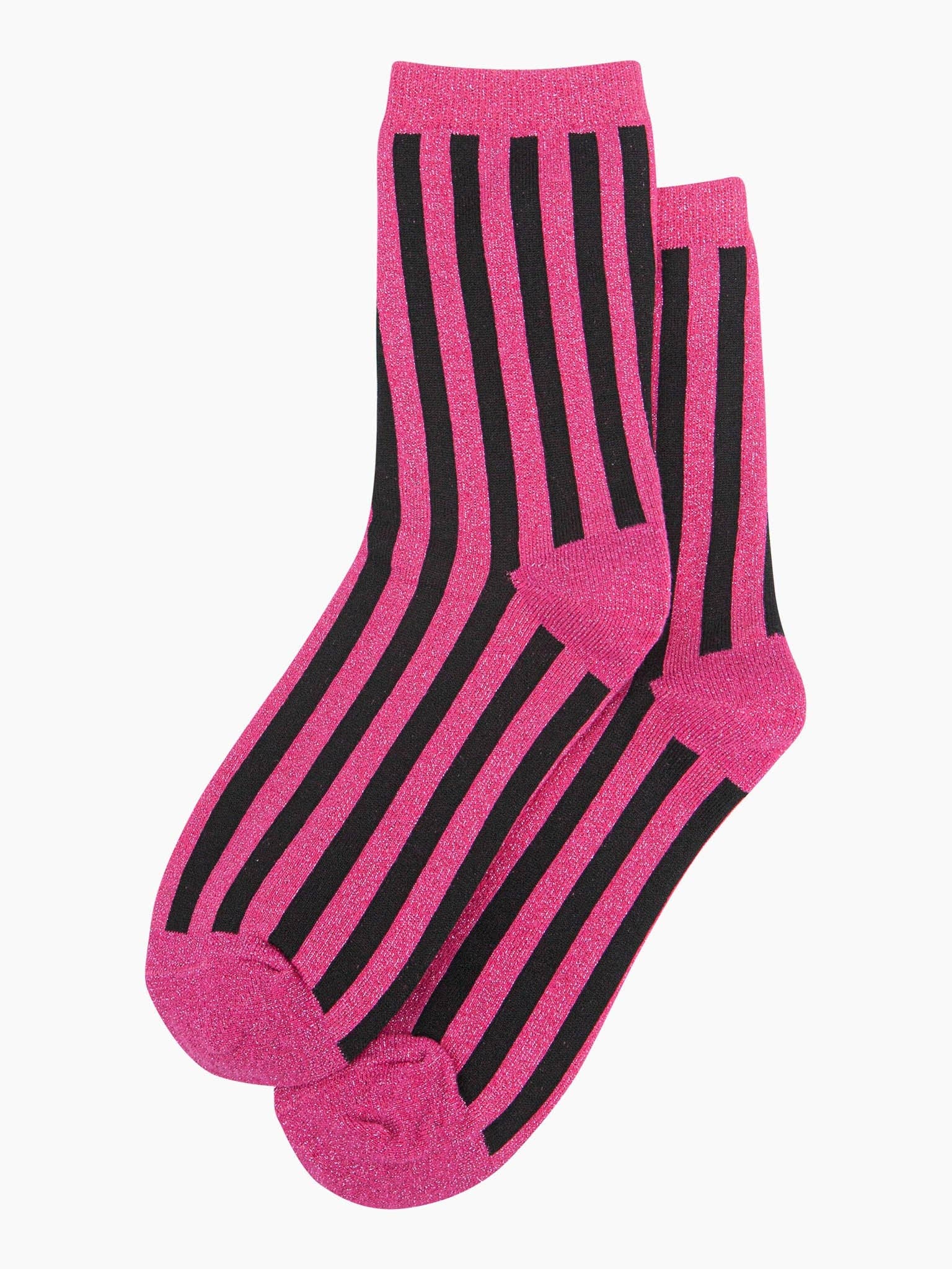 Sock Talk - Women's Glitter Socks - Hot Pink/Black, Stripes