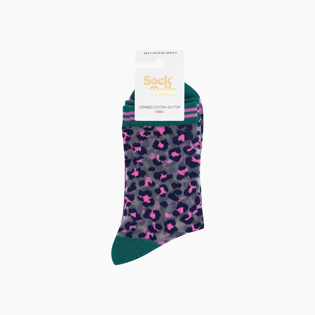 Sock Talk - Leopard Print Combed Cotton Sheer Pop Socks in Green/Pink