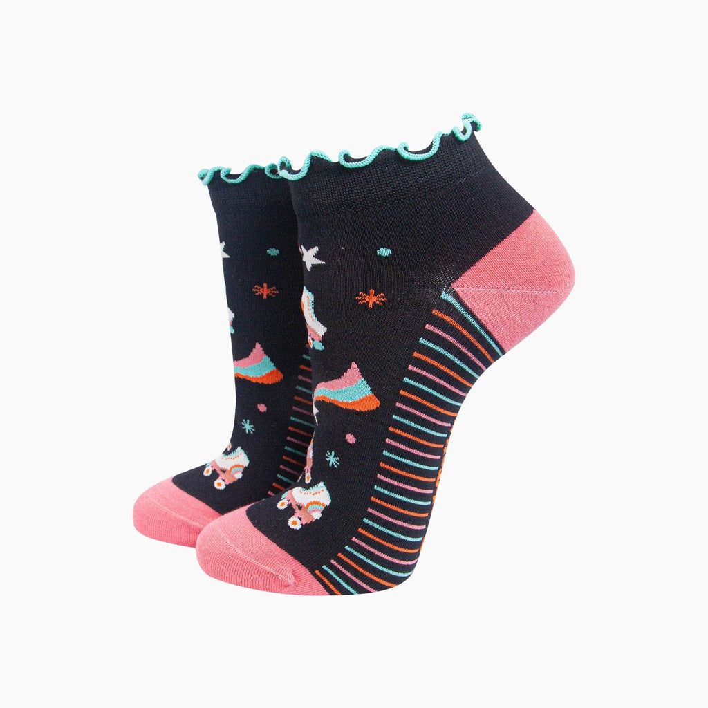 Sock Talk - Retro Rollerskates Women's Bamboo Trainer Socks in Black