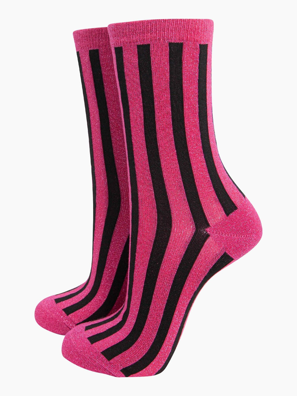 Sock Talk - Women's Glitter Socks - Hot Pink/Black, Stripes