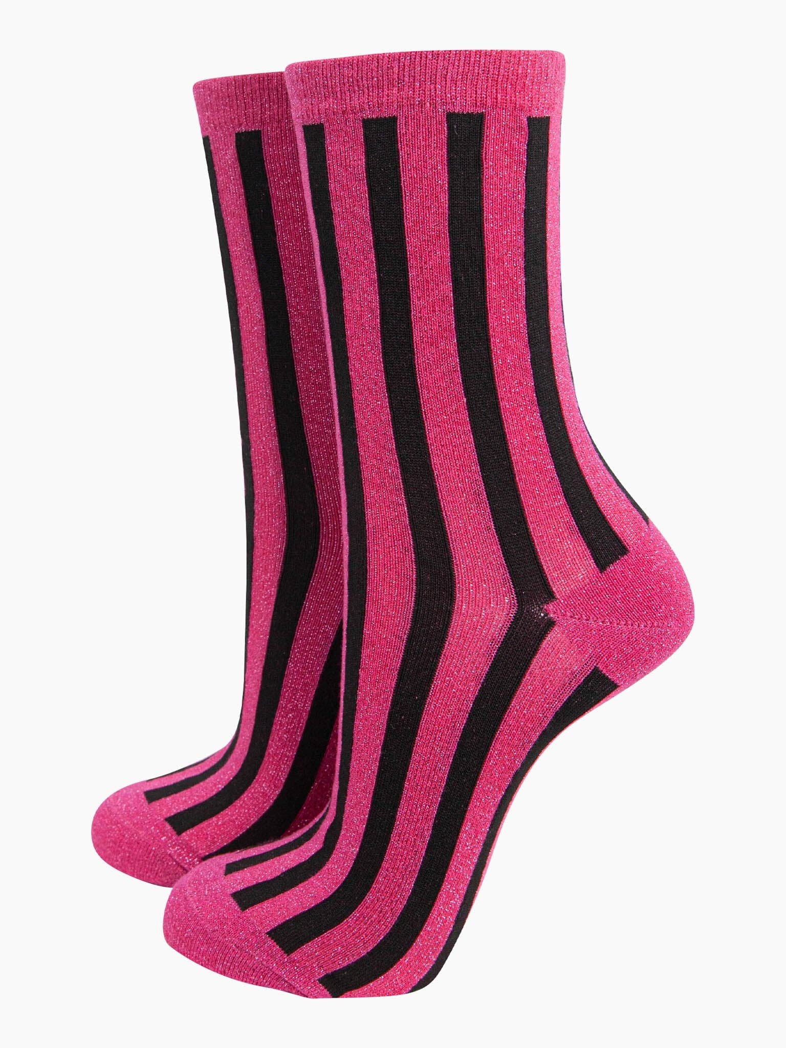 Sock Talk - Women's Glitter Socks - Hot Pink/Black, Stripes