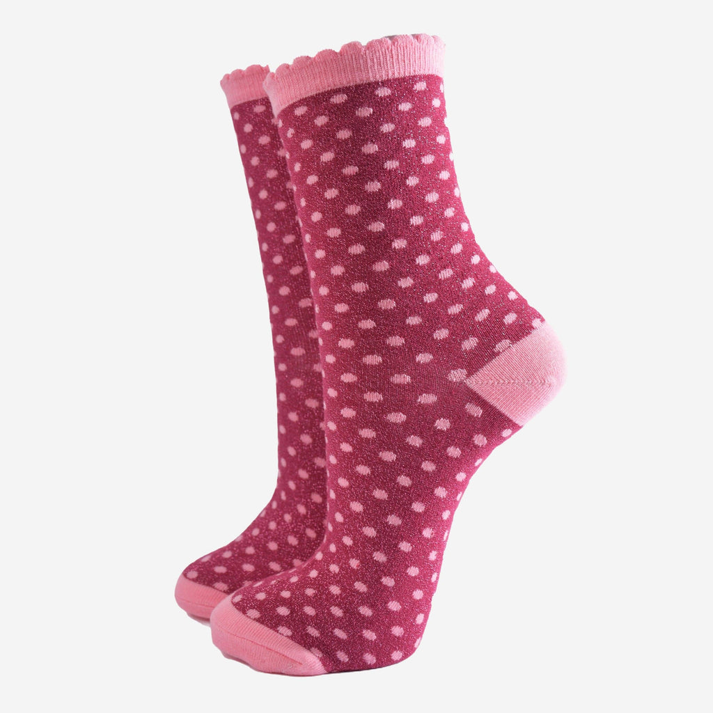 Sock Talk - Women's Glitter Socks - Berry/Pink, Small Polka Dot