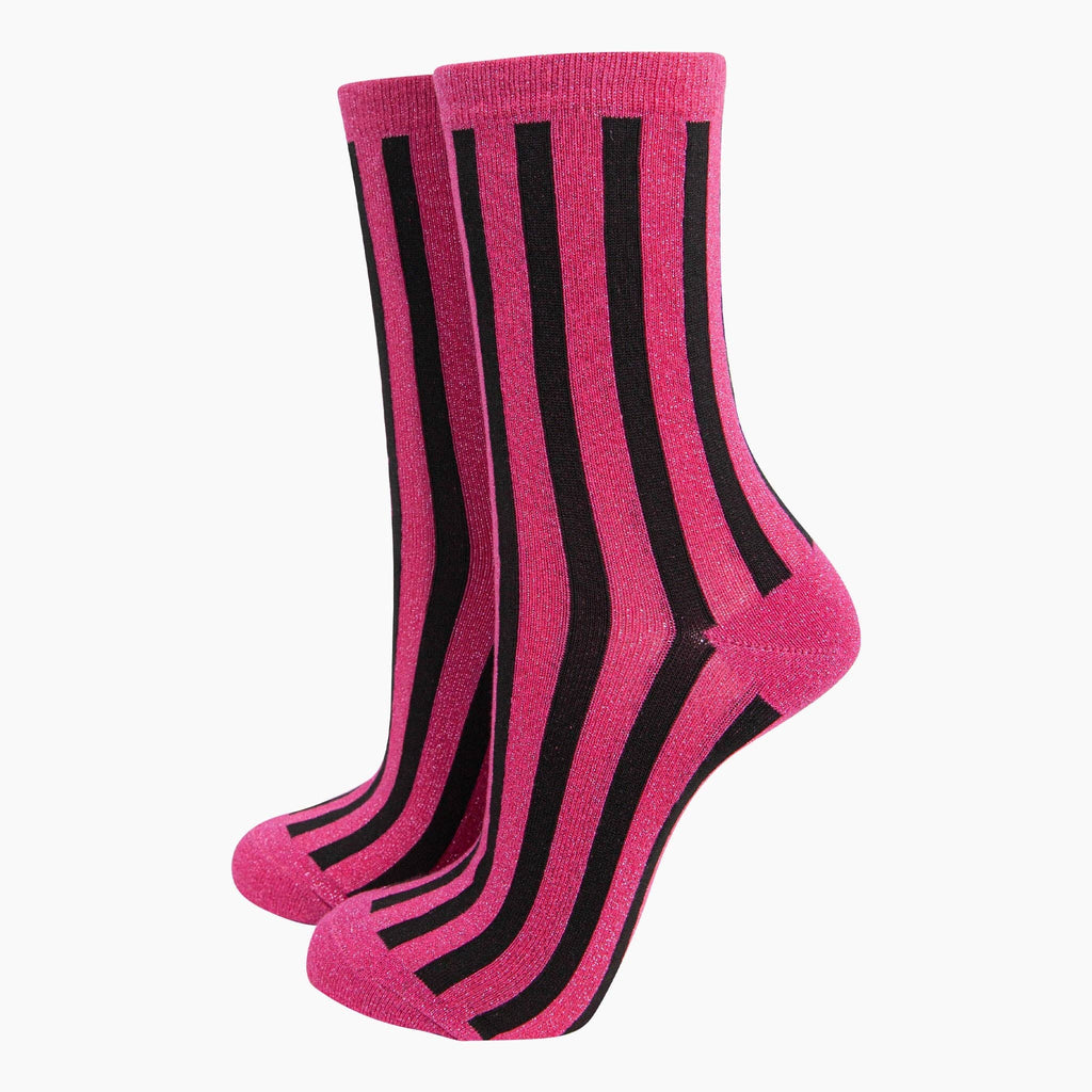 Sock Talk - Women's Glitter Socks - Hot Pink/Black, Stripes
