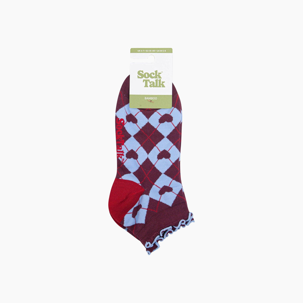 Sock Talk - Heart Argyle Women's Bamboo Trainer Socks in Burgundy/Blue