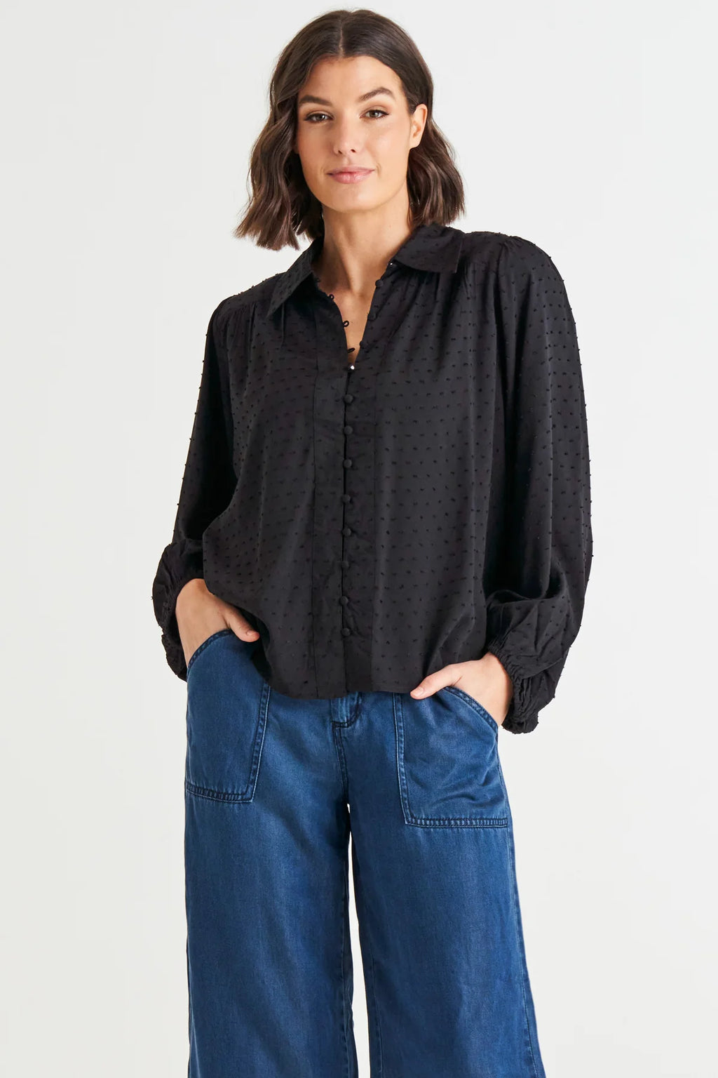 Sinead Cuff Sleeve Textured Shirt - Black - 0325-02