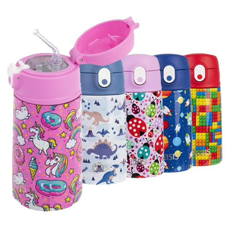 Oasis Stainless Steel Double Wall Insulated Kid's Drink Bottle w/ Sipper Straw 400ml (Puppy Dogs)