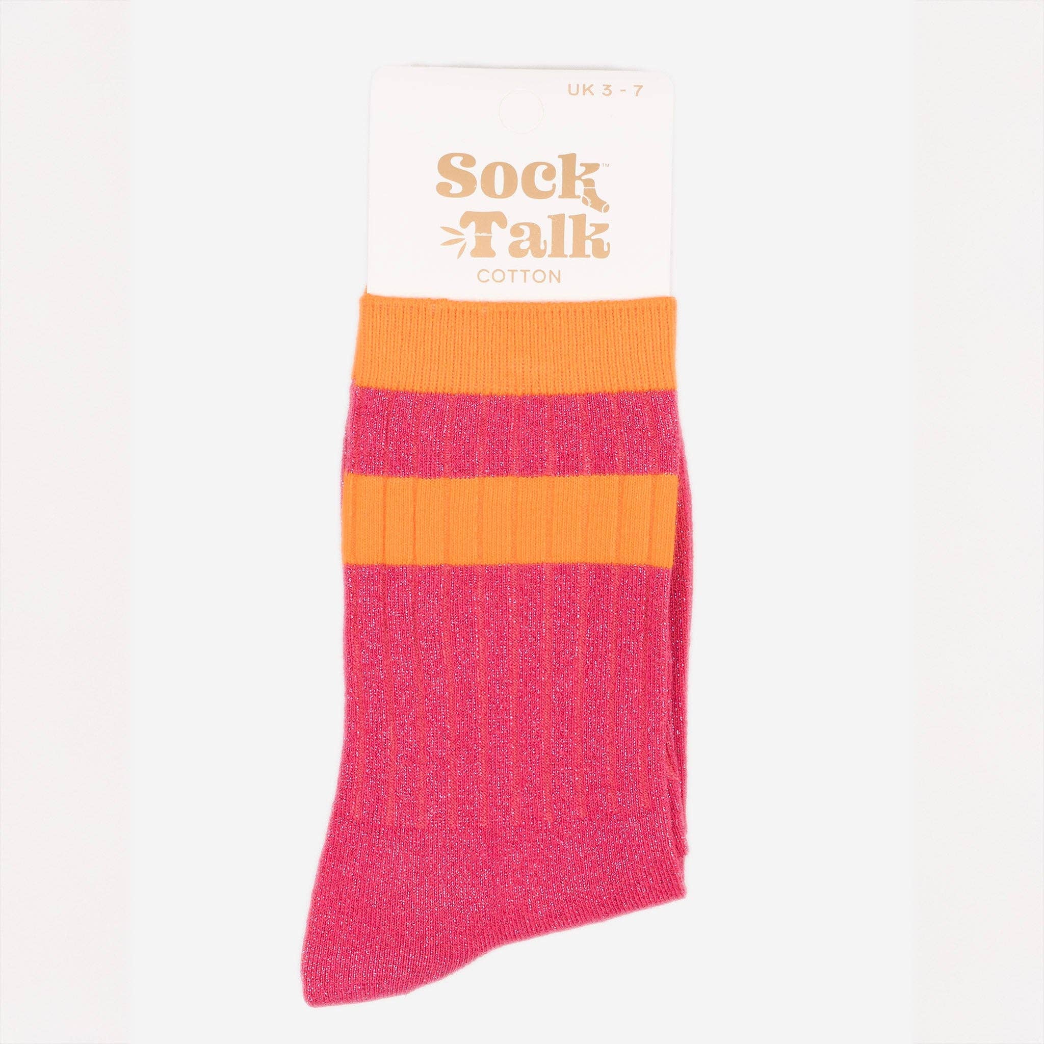 Sock Talk - Women's Glitter Socks - Hot Pink/Orange, Striped Cuff
