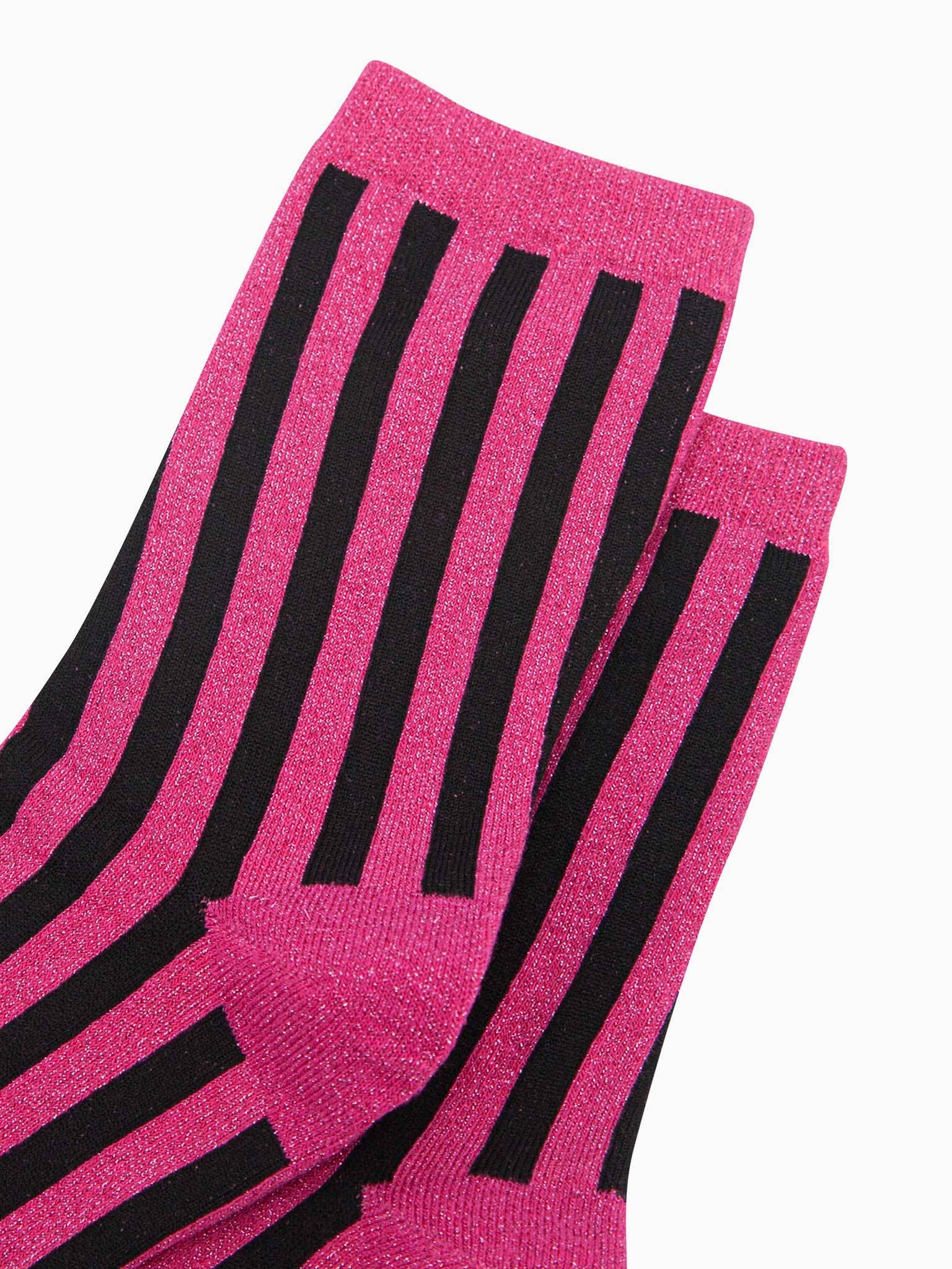 Sock Talk - Women's Glitter Socks - Hot Pink/Black, Stripes