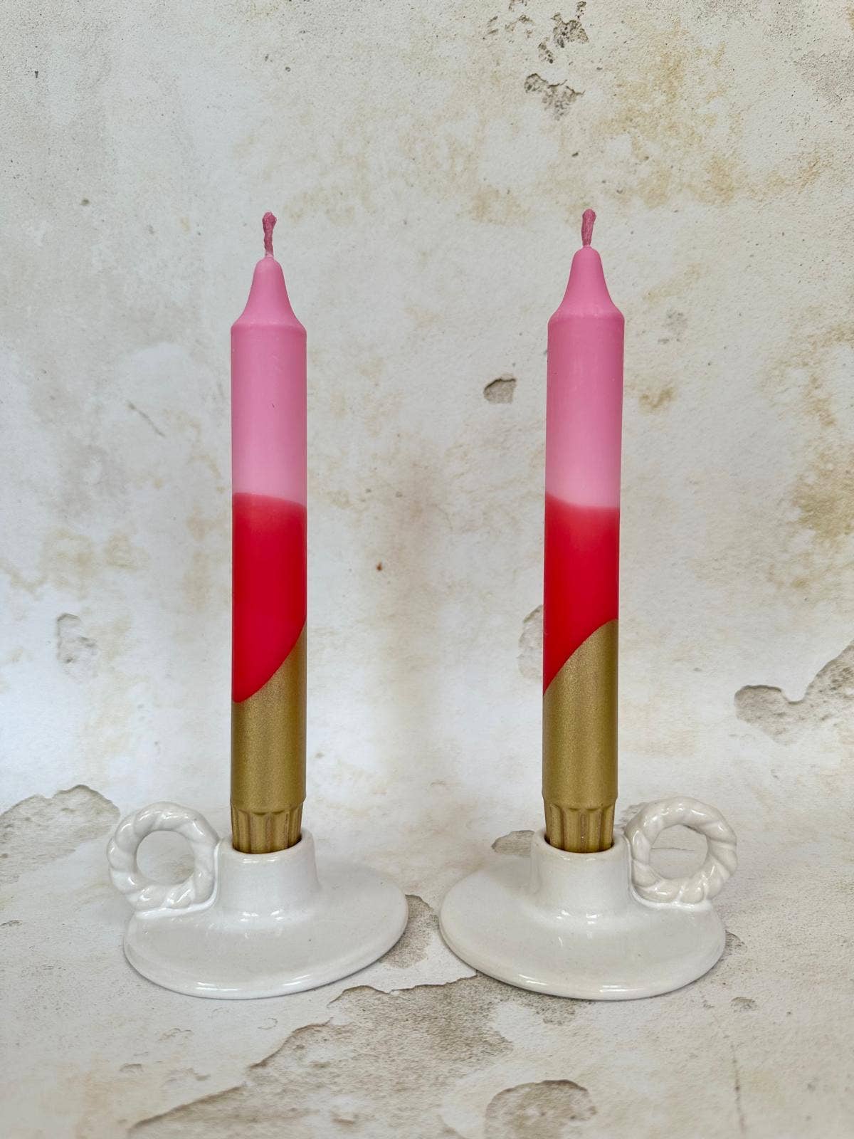 Florrie and Wren - Hand Dipped Pink, Red & Gold Dinner Candles 