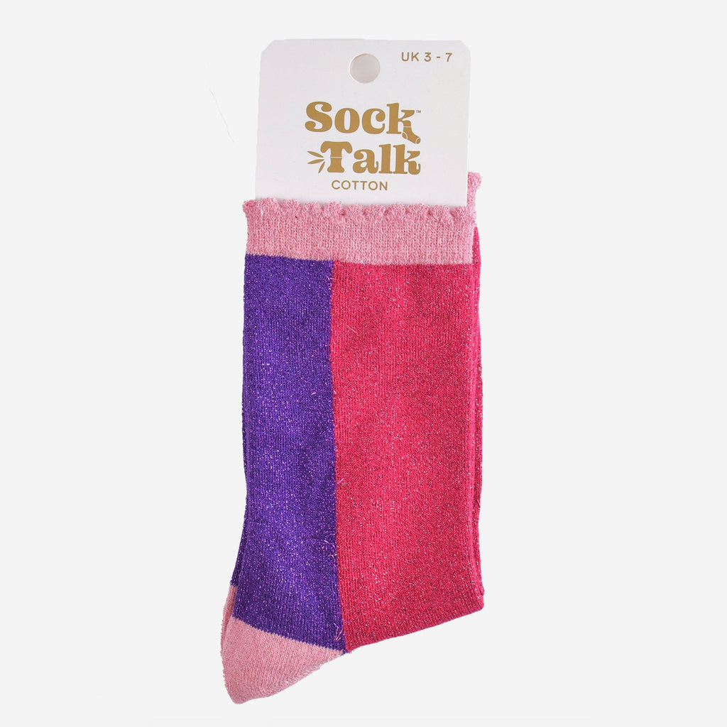 Sock Talk - Colour Block Cotton Glitter Socks in Pink/Purple