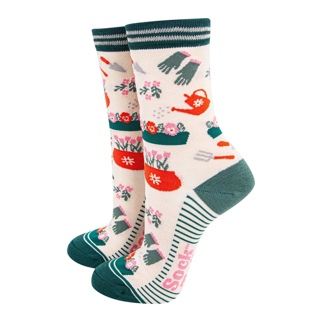Sock Talk - Women's Bamboo Socks - Cream/Green, Gardening